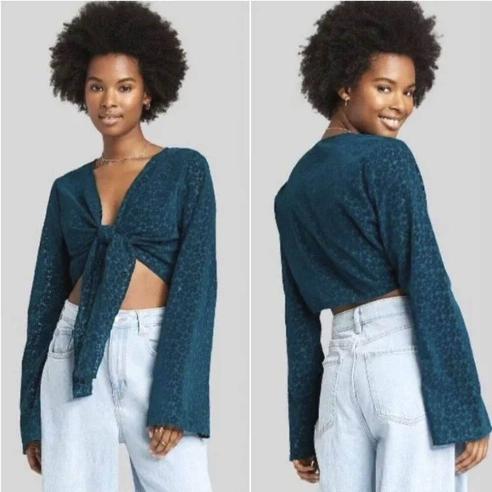 Wild Fable Tie Front Crop Top Bell Boho Sleeves Dark Teal Women's Top - Size S